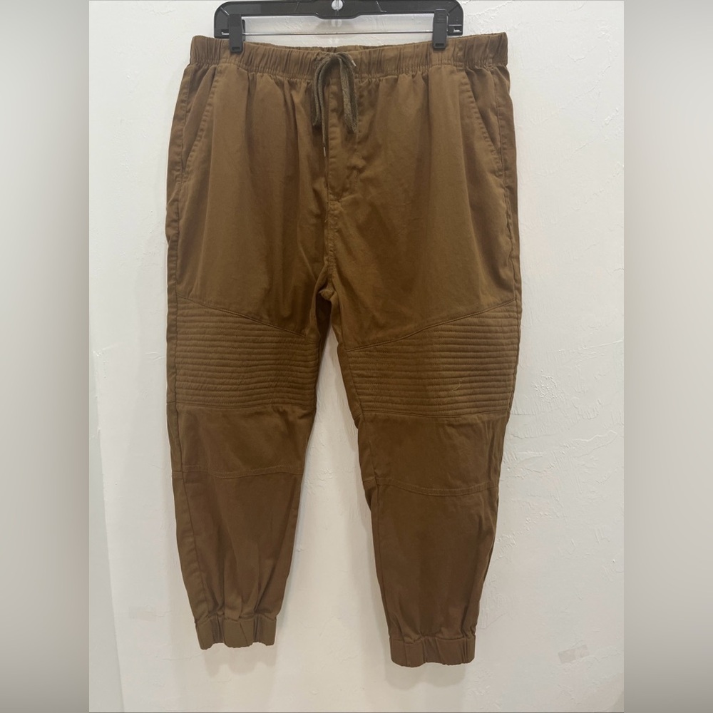 Steves Jeans Mens Drawstring Moto Pleated Cuffed Leg 2X Brown Stretch‎ joggers